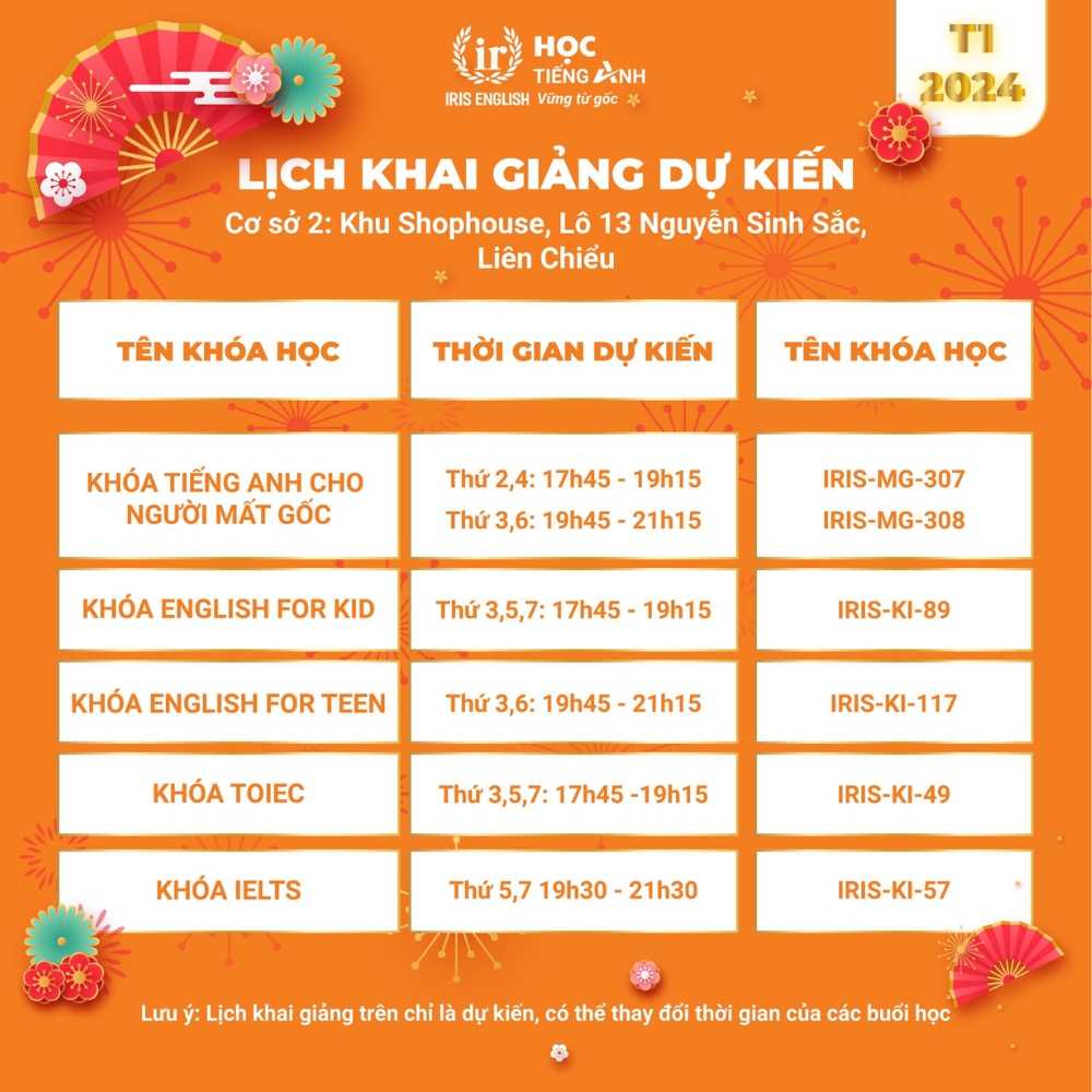 IRIS English - Lịch khai giảng dự kiến tháng 01-2024