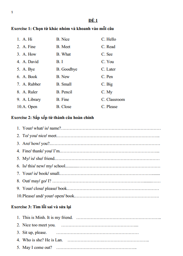 Bài tập ôn hè lớp 3 lên lớp 4 môn tiếng Anh (PDF tải xuống)