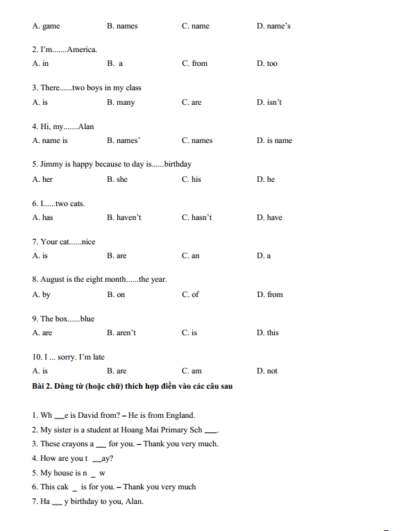 Bài tập ôn hè lớp 4 lên lớp 5 môn tiếng Anh (PDF tải xuống)