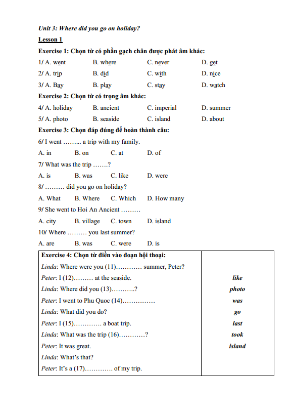 Bài tập ôn hè lớp 5 lên lớp 6 môn tiếng Anh (PDF tải xuống)