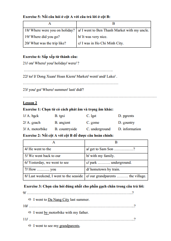 Bài tập ôn hè lớp 5 lên lớp 6 môn tiếng Anh (PDF tải xuống)