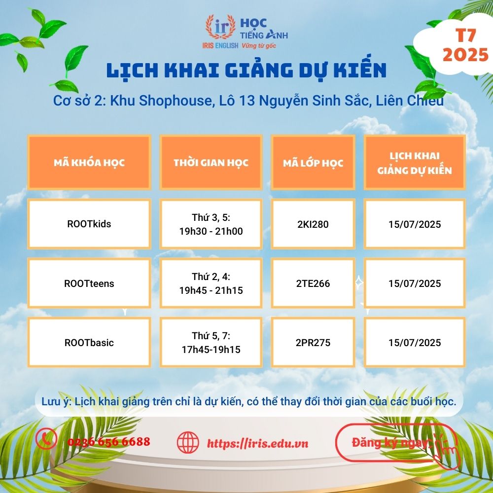 Lịch khai giảng dự kiến tháng 7/2025 tại cơ sở 2