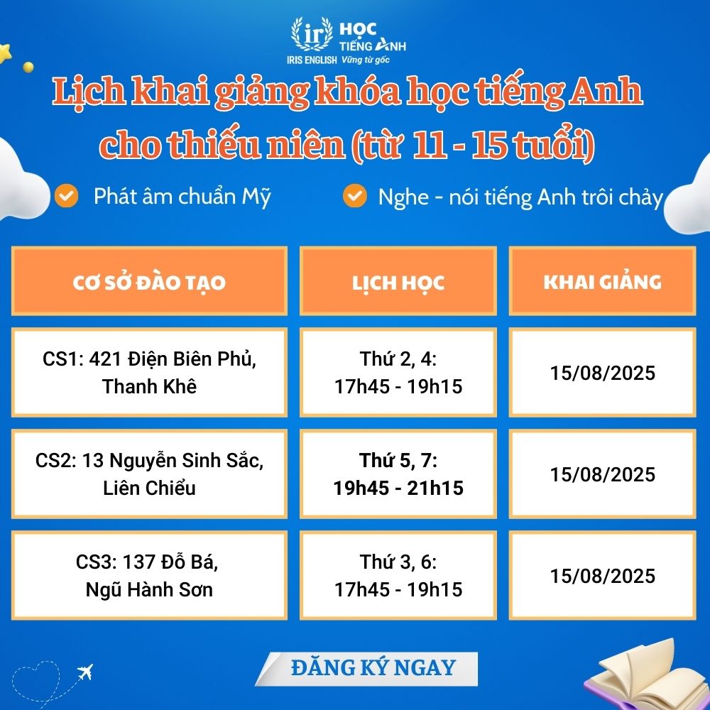 Lịch khai giảng dự kiến tháng 8/2025 cho khóa học tiếng Anh cho thiếu niên