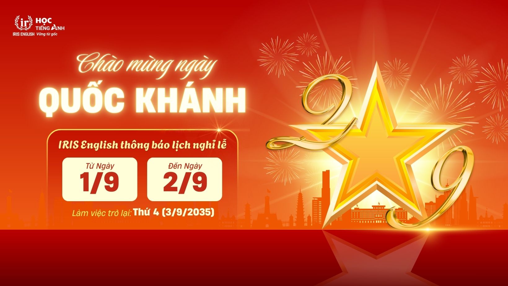 IRIS English – Thông báo lịch nghỉ lễ Quốc Khánh 2/9 năm 2025