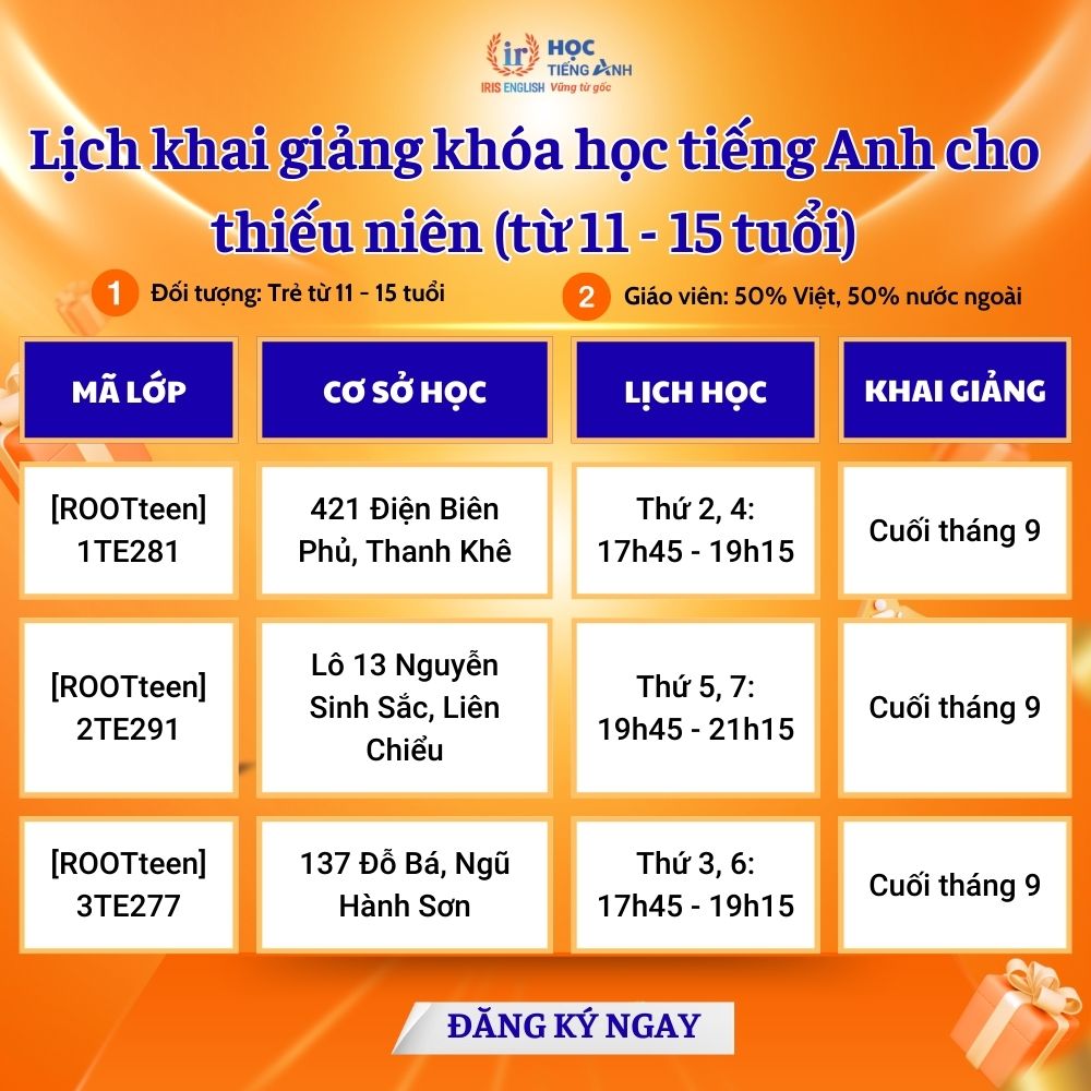 Lịch khai giảng dự kiến tháng 9/2025 cho khóa học tiếng Anh cho thiếu niên